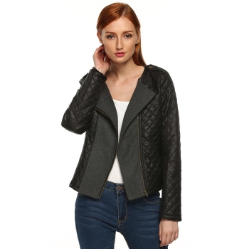 

Finejo Black Spring" Autumn Women Fashion Collarless Long Sleeve Plaid Patchwork Side Zip Coats & Jackets, Multicolor