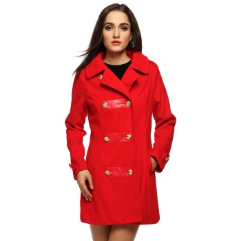 

Finejo Red Winter Women Slim Wool Blend Lapel Long Sleeve Double-breasted Outwear Coats & Jackets, Multicolor