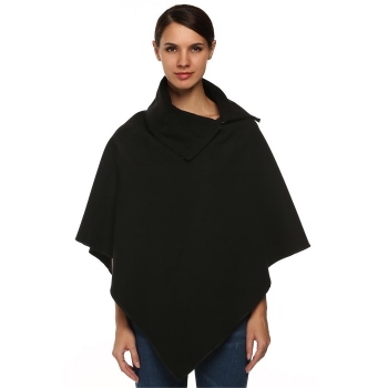 

Black Finejo Women Fashion Turtleneck Solid Wool Blend Irregular Hem Cape Outwear Coats & Jackets, Multicolor