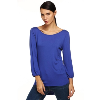 

Finejo Blue Women Casual Long Sleeve Backless Bowknot Asymmetrical Hem Tank Tops & Blouses T-Shirts, Multicolor