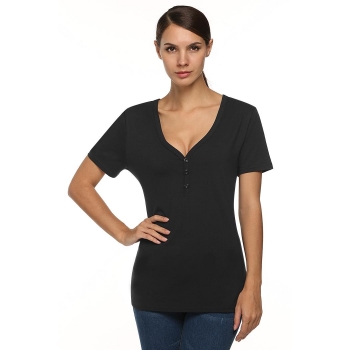 

Meaneor Black Women Fashion Casual Sexy Button V-Neck Solid Blouse Tank Tops T-Shirts, Multicolor