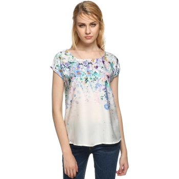 

Zeagoo White Ladies Women Casual O-Neck Short Sleeve Floral Slim Blouse Tank Tops T-Shirts, Multicolor