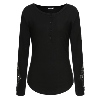 

Meaneor Black Ladies Women Casual Lace Patchwork Long Sleeve Front Button Tank Tops & Blouses T-Shirts, Multicolor