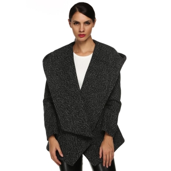 

Zeagoo Fashion Women Wide Lapel Hooded Long Sleeve Open Front Irregular Hem Wool Blend Coat Outwear, Deep grey