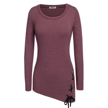 

Zeagoo Fuchsia Women Ladies O-Neck Long Sleeve Pure Color Cotton Asymmetric Hem Slim Basic Casual & Blouses Tank Tops T-Shirts, Multicolor