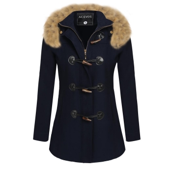 

NavyBlue Faux Fur Hooded Long Solid Slim Wool Blend Coat, Multicolor