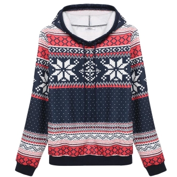 

NavyBlue Long Sleeve Loose Print Hooded Pullover Hoodie, Multicolor