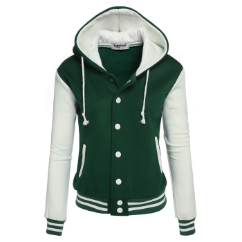 

Green Long Sleeve Patchwork Baseball Hooded With Fleece Hoodies, Multicolor