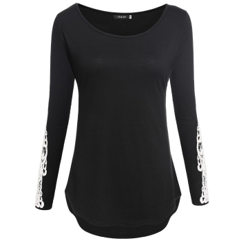 

Finejo Black Women Casual O-Neck Lace Patchwork Long Sleeve Slim Stretch Blouse Tank Tops T-Shirts, Multicolor