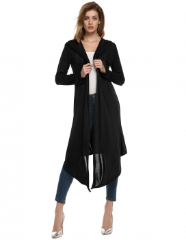 

Black Hooded Long Sleeve Calf Length Irregular Solid Thin Coat, Multicolor