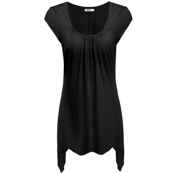 

Black Short Sleeve Scoop Neck Handkerchief Hem Tunics, Multicolor
