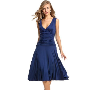 

Meaneor Blue Women Sleeveless Stretch V-Neck Draped Calf Length Pleated Party Dresses, Multicolor