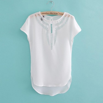

White Stylish Lady Women's Casual Front Hollow Out O-neck Batwing Sleeve Chiffon & Blouses T-Shirts, Multicolor