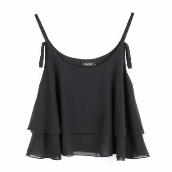 

Black Solid Sleeveless Spaghetti Strap Loose Double Chiffon Blouse, Multicolor
