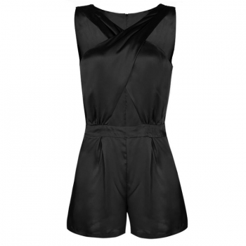 

Black Sleeveless Solid V-neck Back Zip Romper, Multicolor