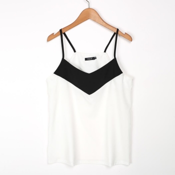

Finejo White Ladies Women Fashion V-Neck Strap Patchwork Loose Casual Tops Tanks & Camis