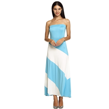 

Lake blue Women Fashion Sexy Strapless Sleeveless Backless Patchwork Stripe Contrast Color Maxi Long Evening Casual Dresses, Multicolor