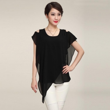 

Black Stylish Lady Women Loose Chiffon Round Neck Short Sleeve Ruffle Solid Irregular Tank Shirts & Blouses Casual Tops, Multicolor