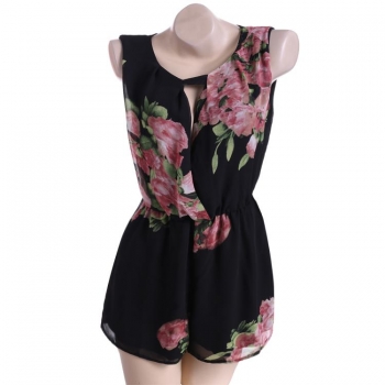 

Black Stylish Ladies Women Round Neck Sexy Backless Floral Jumpsuits & Rompers, Multicolor