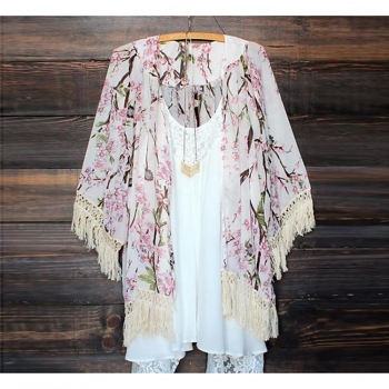 

Stylish Lady Women Fashion Casual 3"4 Sleeve Cardigan Chiffon Floral Printed Long Loose Blouse Shirt Tops, Multicolor