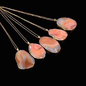 

New Fashion Women Chain Natural Stone Geometric Shape Pendant Sweater Necklace, Orange