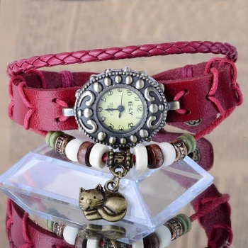 

Lady Bracelet Vintage Style Synthetic Leather Wristwatch With Kitten Cat Pendant, Red