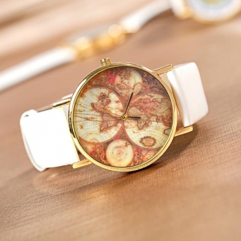 

World Map Globe Leather Alloy Unisex Analog Quartz Wristwatch, White