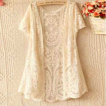 

Beige Hollow-Out Shirt Lace Embroidery Floral Crochet Short Sleeve Cardigan