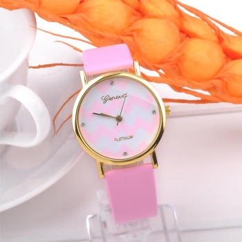 

Popular Geneva Stripes Watch PU Leather Analog Quartz Wrist Watches, Pink