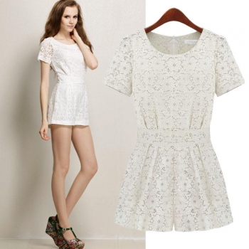 

White Summer Women Short Sleeve Lace Crochet Bodysuit Coveralls Shorts Female Overalls Jumpsuit Romper for women Dresses, Multicolor