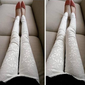 

White Hot Women Lace Flower Slim Fit Skinny Tight Stretch 2 Colors Leggings Pants, Multicolor