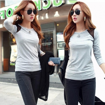 

Grey Korea Women Long Sleeve O-Neck Splicing Sheer Casual Black T-Shirt Tee Tank Tops Hoodies & Sweatshirts, Multicolor