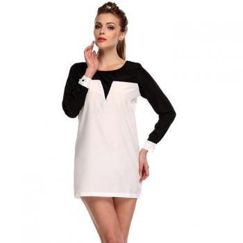 

White Stylish Lady Sexy Women's Casual Long Sleeve O-neck Patchwork Mini Dress Shirts & Blouses Tunics, Multicolor