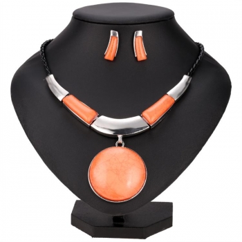 

New Fashion Women Round Silver Plated Pendant Faux Leather Rope Necklace Earrings Jewelry Sets, Brown