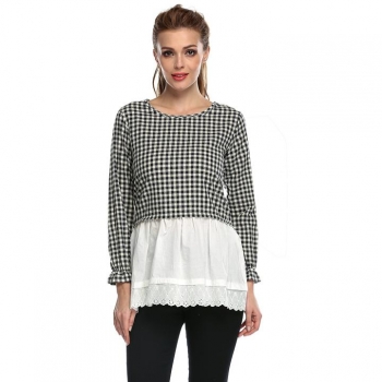 

Black Stylish Lady Women's Casual Plaid Long Sleeve O-neck Patchwork Blouses Tank Tops Hoodies & Sweatshirts, Multicolor