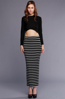 

Black Striped Bodycon Stretch Long Sleeve Tops and Long Skirt Suit, Multicolor