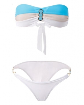 

Blue Sexy Summer Stitching Color Strapless Bra Tops Swimsuit Golden Chain Bikini Swimwear, Multicolor
