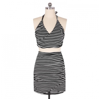 

Black Stylish Lady Women Sexy Strap Halter V-Neck Crop Tops and Bodycon Package Striped Skirt 2pcs Clubwearb Jumpsuits & Rompers, Multicolor