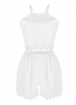 

White New Stylish Ladies Women Two Pieces Spaghetti Strap Backless Lace Patchwork Crop Top and Shorts Jumpsuits & Rompers, Multicolor