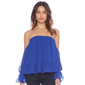 

Blue New Stylish Lady Women's Fashion Petal Sleeve Off the Shoulder Sexy Chiffon Blouse Tank Casual Tops, Multicolor
