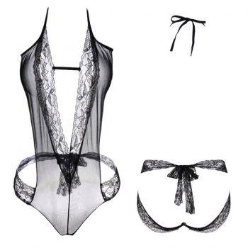

Women Sexy Deep V Neck Halter Sleeveless Backless Lace Floral Sheer Mesh Stitching Sleepwear Lingerie