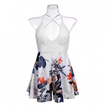 

White Spaghetti Strap Lace Patchwork Floral Print Backless Rompers, Multicolor