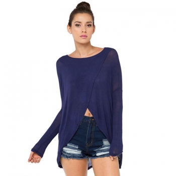 

Dark blue New Stylish Lady Women's Fashion O-Neck Casual Chiffon Irregular Long Top & Blouses T-Shirts