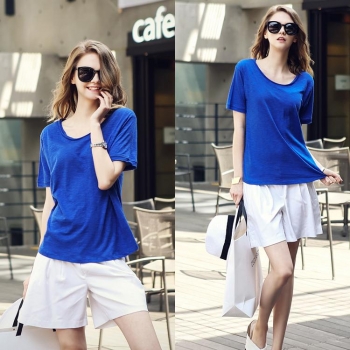 

Blue Women Korean Style Summer Casual Loose Round Neck Short Sleeve Solid Tank Tops T-Shirts, Multicolor