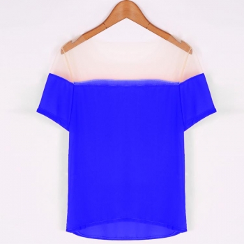 

Blue Stylish Lady Women Sexy Short Sleeve Patchwork Loose Chiffon Blouse Tank T-Shirts Casual Tops, Multicolor