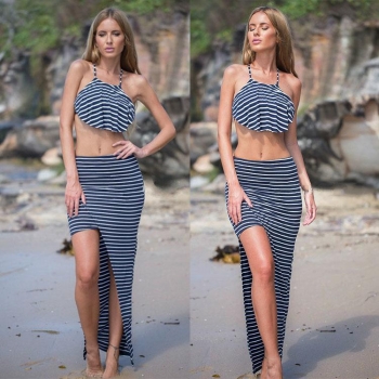

Black&White Women Two Pieces Sexy Bandage Backless Stripe Crop Top Tank and High Waist Cut out Side Slit Long Skirt Dresses Jumpsuits & Rompers, Multicolor