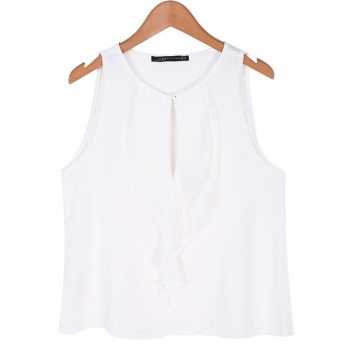 

White Fashion Women Chiffon Casual Sleeveless O-Neck Blouse Loose Solid Ruffles Tops Vests Tanks & Camis, Multicolor