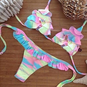 

Red blue Fashion Lady Women Sexy V-Neck Halter Ruffles Decor Bra and High Waist Briefs Swimsuit Bikini Sets Swimwear