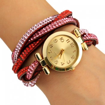 

Red Korean Rhinestone Wrap Analog Quartz Bracelet