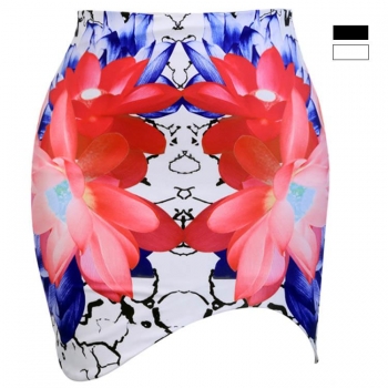 

White Fashion Women Slim Irregular Hem High Waist Flower Print Mini Pencil Skirts, Multicolor